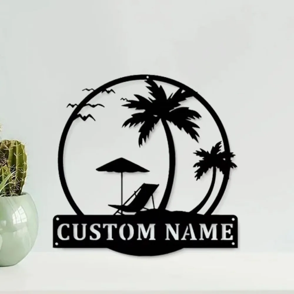 

Contemporary Indoor Hanging Decor: Personalized Metal Wall Sculptures with Palm Trees and Lounge Chair Handcrafted to Perfection
