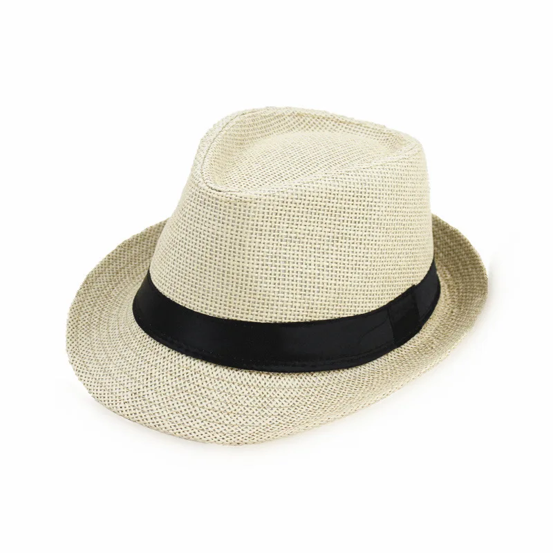 Parent-Child Simple Linen Breathable Sun Cap Men Summer Travel Sunscreen Ribbon Decoration Paper Straw Curled Jazz Hat F58