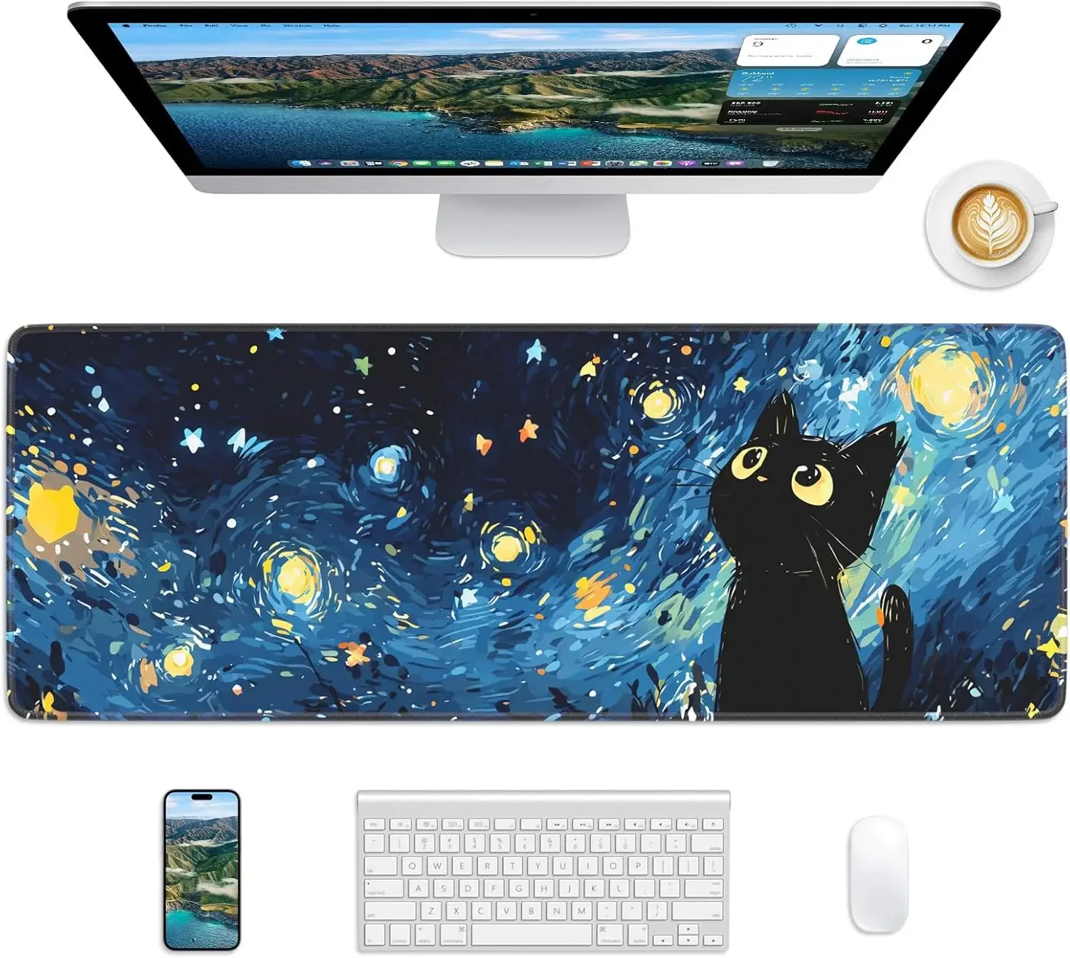 Romantic Starry Night Cat Desk Mat, Van Gogh Oil Painting Large Extended Gaming Mouse Pad, Waterproof Non-Slip Keyboard Pad for