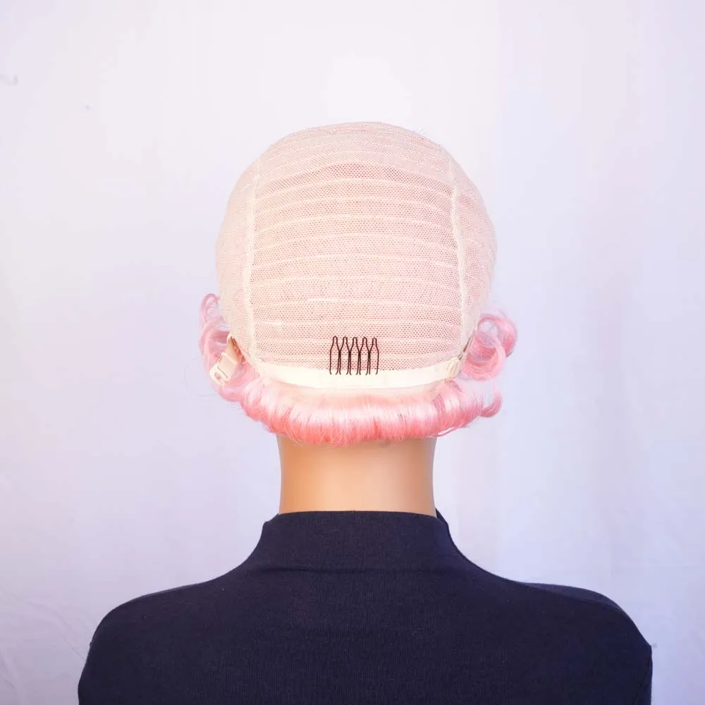 Wig Rambut Manusia Pendek dengan Poni Wig Potongan Pixie Pink untuk Wanita Kulit Hitam Rambut Manusia Remy Gaya Rambut Berlapis Wig Buatan Mesin