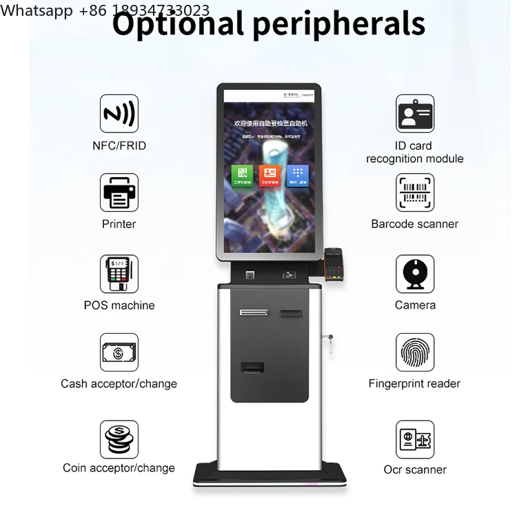 Crtly Self Service Touch Screen Kiosk Terminal Hotel Check in Passport Scanner Ticket Printer  Barcode Scanner Payment Kiosk