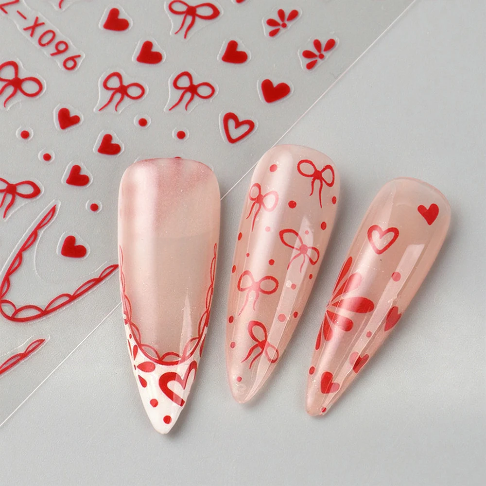 1 szt. Naklejki na paznokcie 3D z czerwonymi kokardkami i serduszkiem, urocze francuskie kokardki, naklejki na paznokcie na Walentynki, samoprzylepne ozdoby na paznokcie z serduszkiem, akcesoria do paznokci 6*9cm