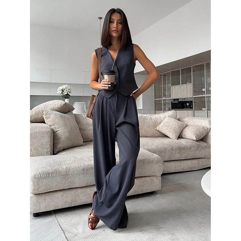 High-end Texture Office Lady Suit Coat Set Fashion Simple Solid Commuter Wear V-neck Vest Loose Wide-leg Pants Three-piece Set