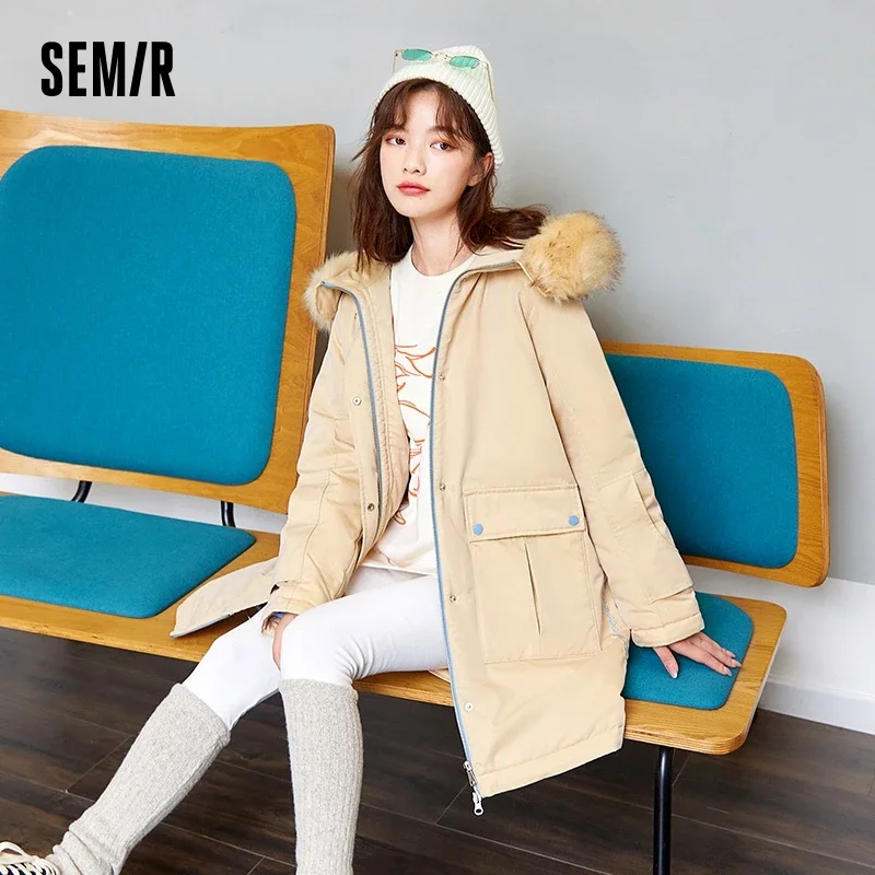 Semir Cotton Coat Women Mid-length Hooded Detachable Fur Collar 2023 Winter Loose waist Contrasted Color Thick Coat