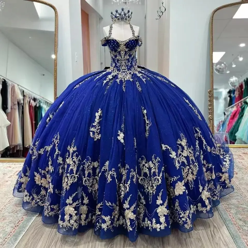 Customized Modest Blue Quinceanera Dresses for 15 Anos Off the Shoulder Appliques Halter Pleat Princess Ball Gown Party Dress
