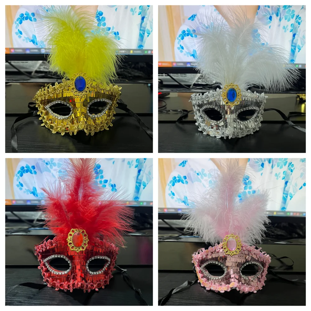 

Полумаска принцессы с перьями, повязка для макияжа, мяч с бриллиантами и блестками, венецианская маска для вечеринки, карнавальный костюм, реквизит для выступлений