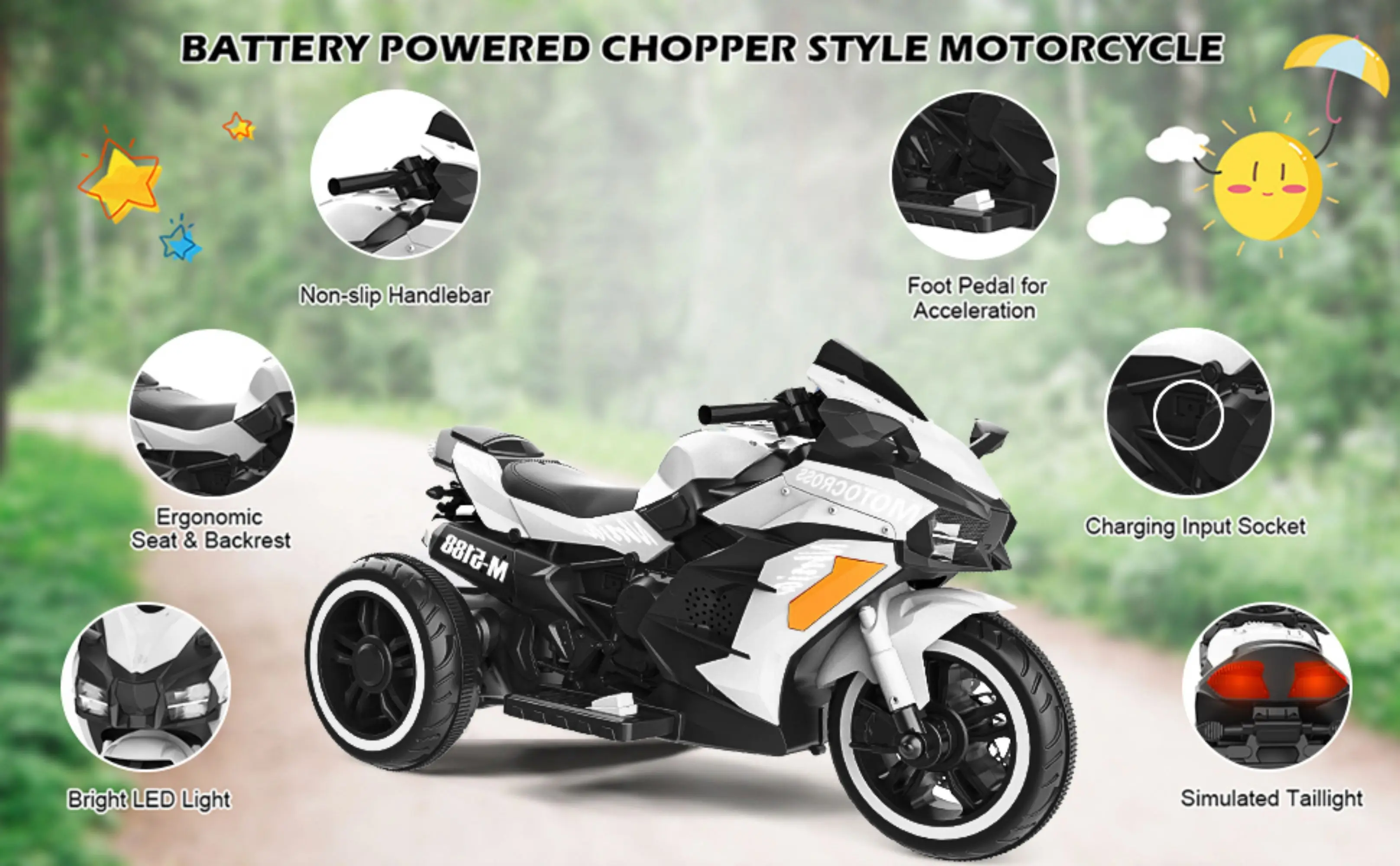 12V Battery Motorcycle, 3 Wheel Motorbike Kids Rechargeable Ride On Car Electric Cars Motorcycles--White