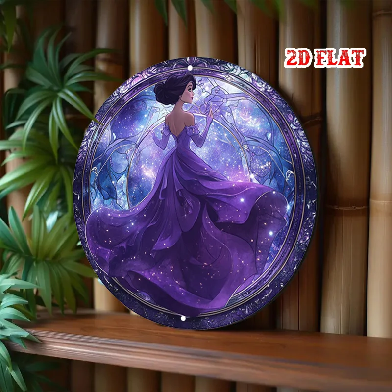 2D شقة 1PC ماجيك جولة الألومنيوم علامة، فستان أرجواني معدن القصدير تسجيل - نجوم ريفي جدار الفن المعدني، الأميرة المعادن جدار ديكور فني، #3