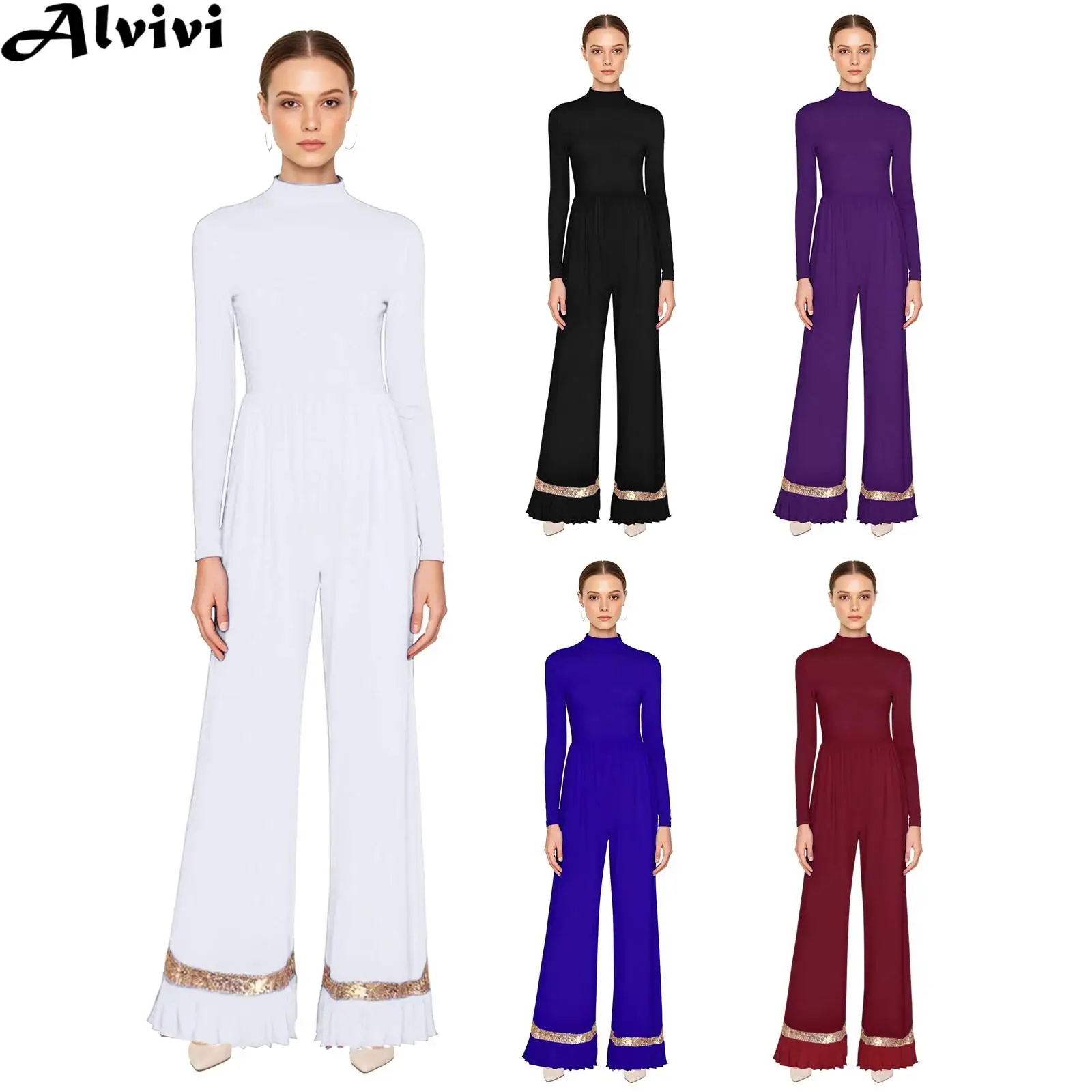 Women Modern Lyrical Dance Jumpsuit Liturgical Worship Church Choir Praise Romper Long Sleeve Sequin Mesh Trim Wide-Leg Bodysuit