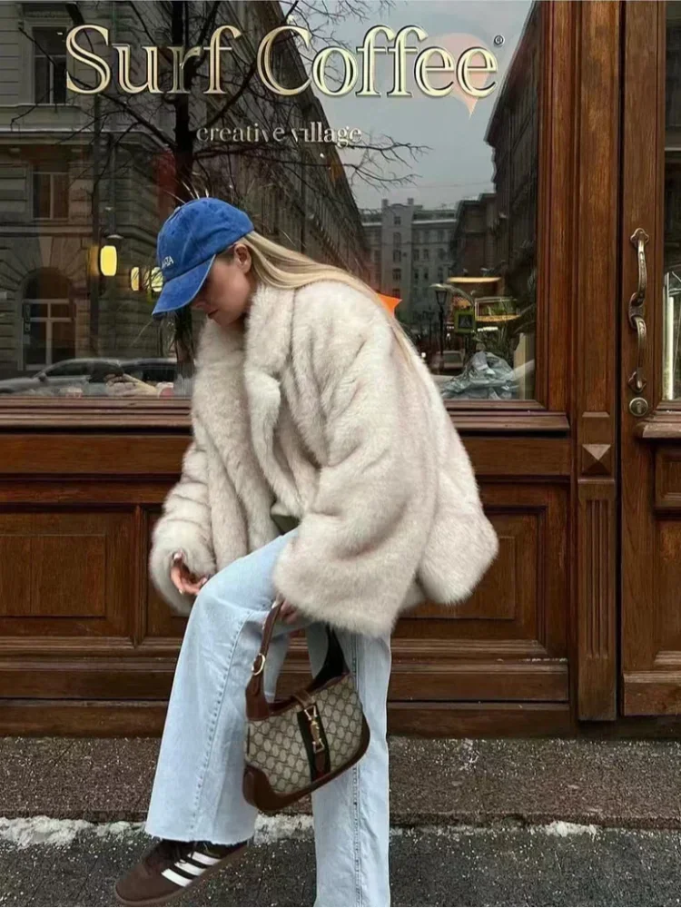 2025 Winter Gradient Faux Fur Coat Women Luxury Oversized Thick Warm Outerwear Long Sleeve Fluffy Faux Fox Fur Outerwears