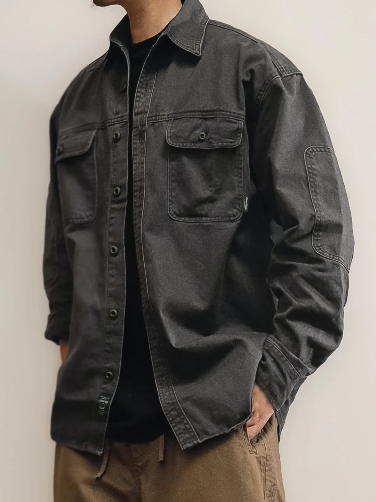 ‌Japanese Vintage Washed Work Shirt For Men Heavyweight Twill Cotton Long Sleeve Oversized Distressed Casual High Quality Top