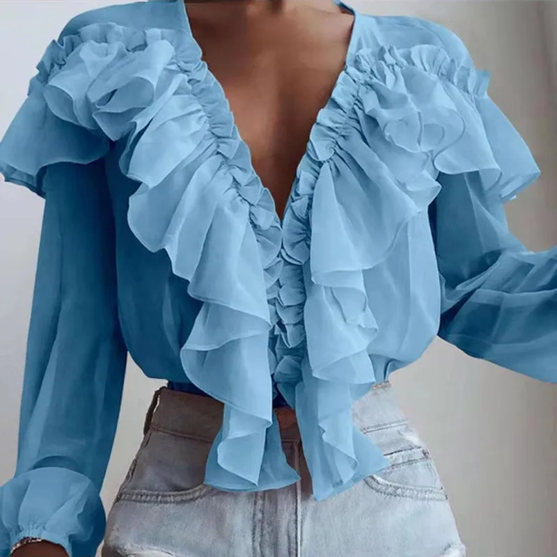 2024 Spring Autumn Elegant Ruffles Women Shirts Top Casual V Neck Long Sleeve Loose Female Solid Chiffon Blouses For Women Blusa