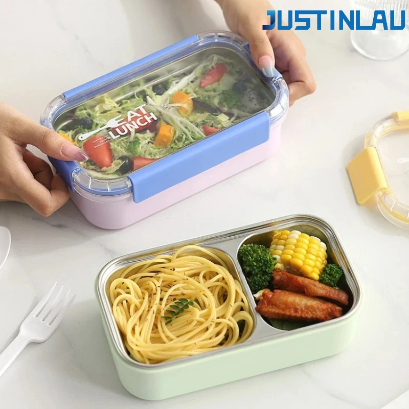 JUSTINLAU Tragbare Lunchbox, Edelstahl, Bento-Box, Mikrowelle, erhältlich, Heizung, Studentenpersonal, Lebensmittelbehälter mit Gabel, Löffel
