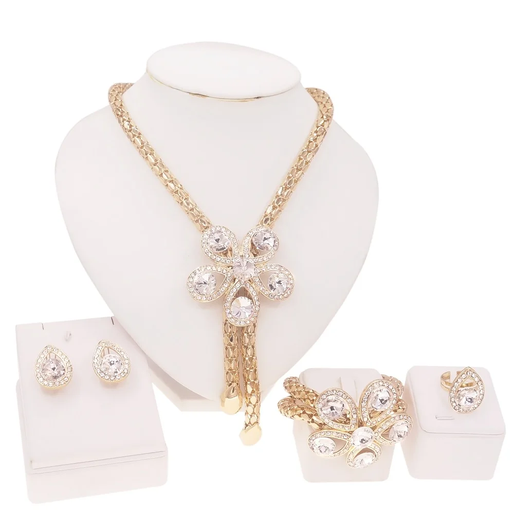 Women Jewelry Set Flower Shape Crystal Necklace Earrings Bracelet Ring Gift Party