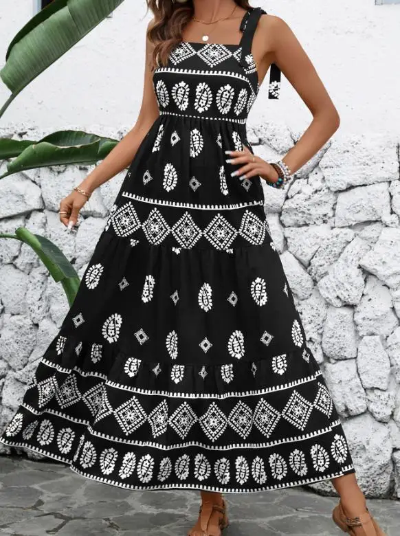

2026 Summer New Casual Vacation Dress A-Line Ethnic Style Suspender Printed Dress