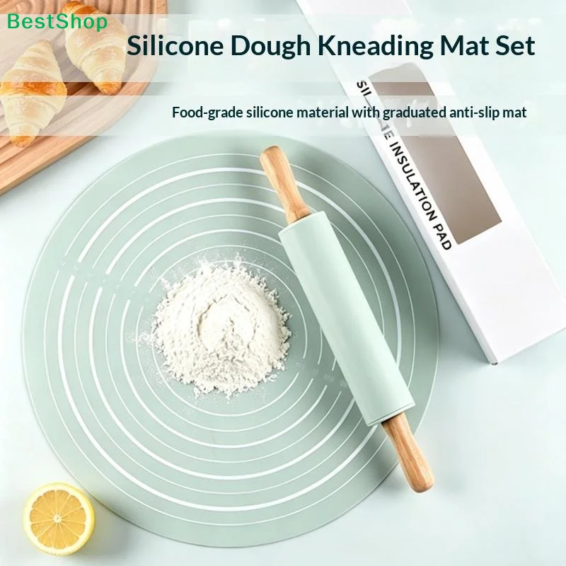 〔Y〕2pcs/set Reusable Thickened Rolling Pin Pastry Mat Set Round Silicone Kneading Pad Househeld Pastry Baking Dough Mat