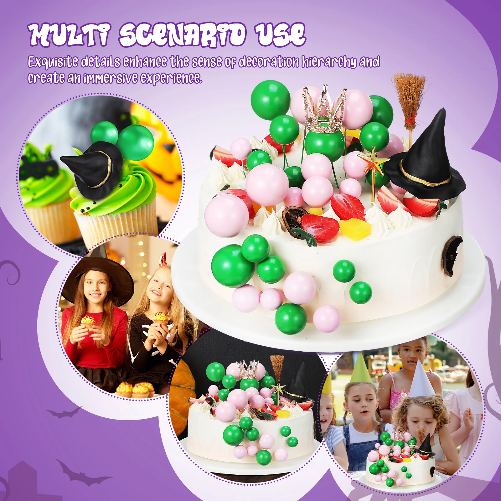 

44 Pcs Wicked Cake Decorations Witch Hat Crown Broom Star Wand Mini Balls Cupcake Toppers Witches Party Supplies Cupcake Topper