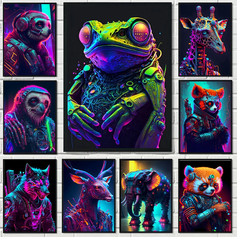 Wolf Frog Elephant Panda Cyberpunk Animals Posters and Prints Animals Art Canvas Painting Wall Art Picture for Living Room Decor