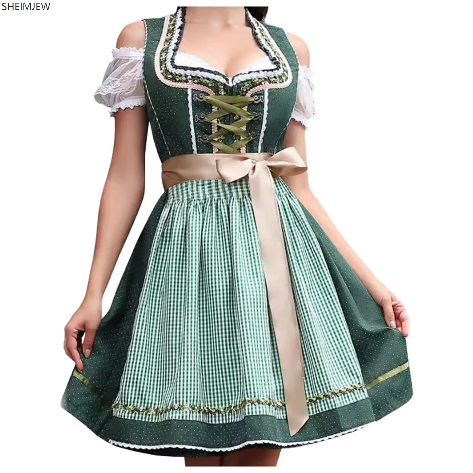 

German Plaid Dirndl Dress Oktoberfest Costume Adult Women Traditional Beer Festivals Red Maid Costume Halloween Cosplay Dress
