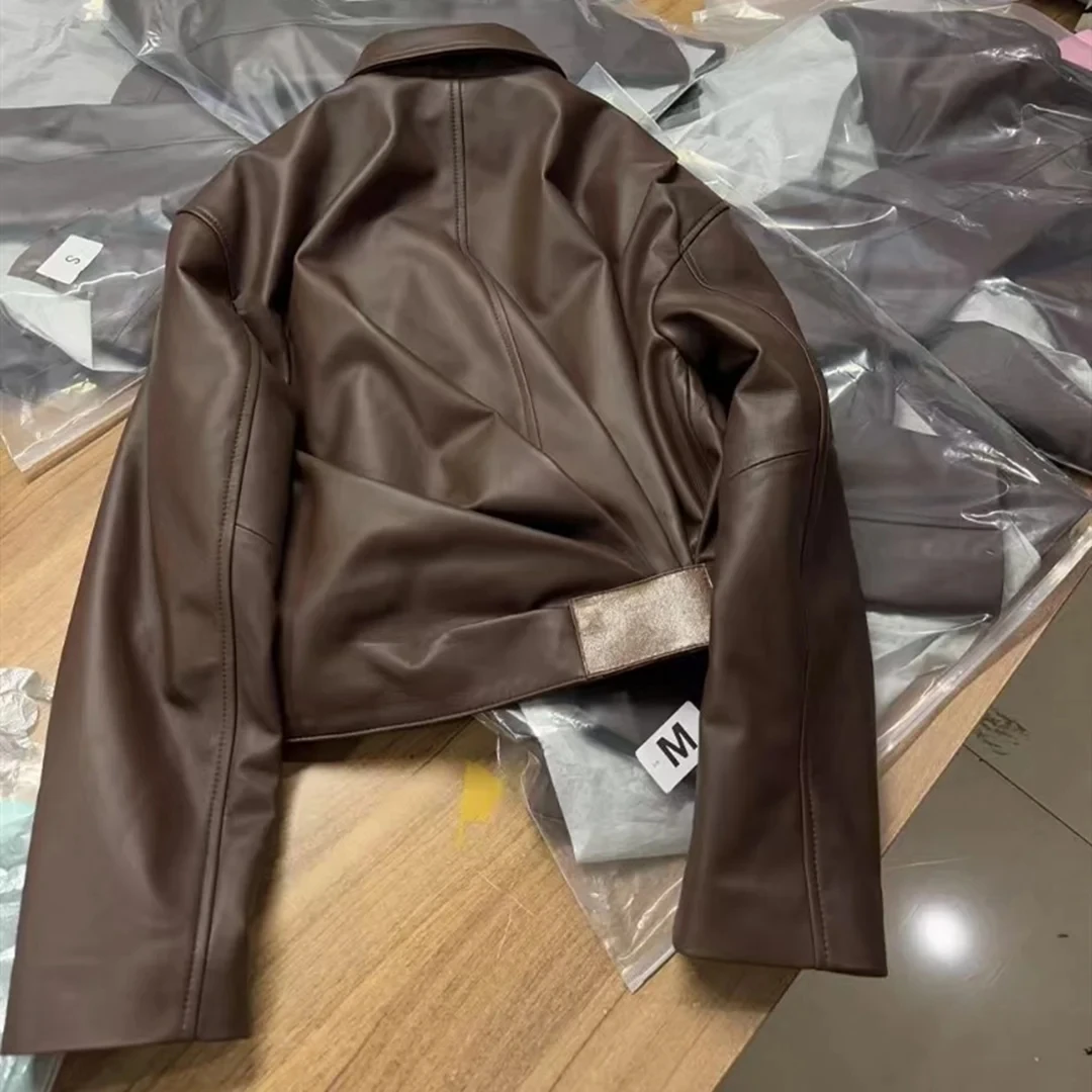 Giacca in pelle naturale per donna Giacca da motociclista bomber in pelle di agnello Maniche lunghe Cappotto in pelle di montone al 100% Top corti piegati Donna