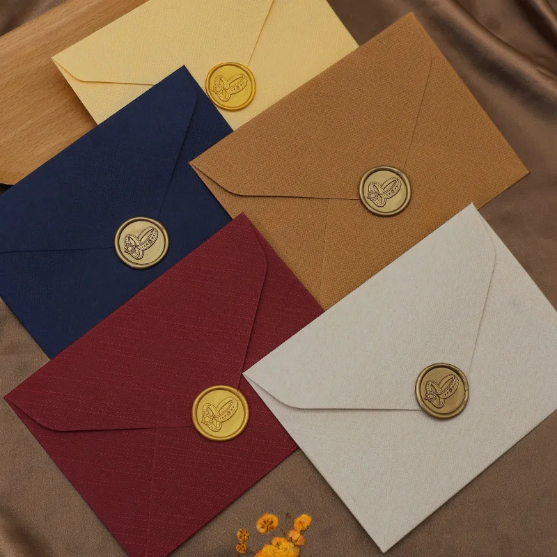 Wax Seal Letter Kit - ซองจดหมายสไตล์ตะวันตกเนื้อผ้าลินินคุณภาพสูง ซองจดหมายเชิญธุรกิจพร้อมตราประทับขี้ผึ้งหลากสี บรรจุภัณฑ์แบบถุง