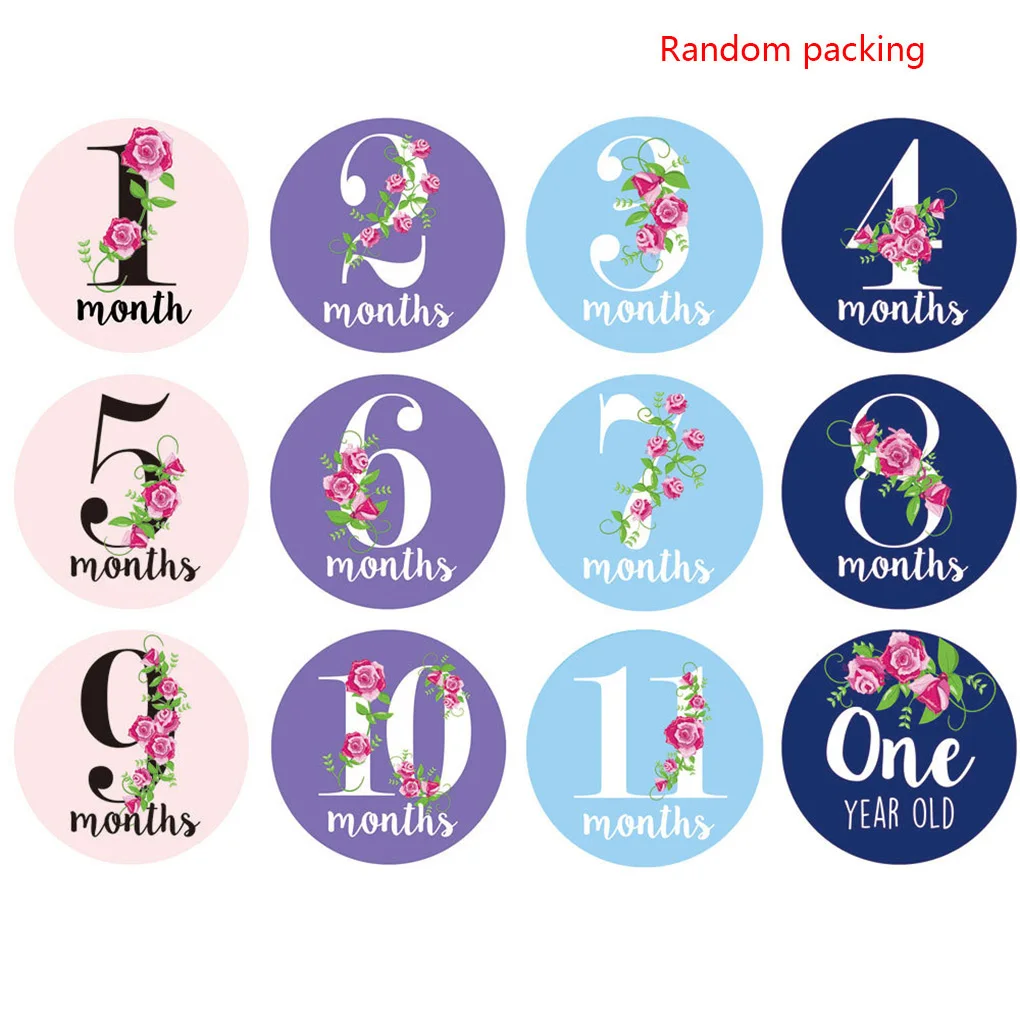 12pcs Baby Monthly Milestone Stickers Floral Newborn Girls Month Stickers First Year Photo Props