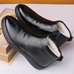 Flat Booties Ankle Snow Leather Boots for Men Black Slip-On Winter Shoes Man Outdoor Hiking Cotton Shoe High Quality New in Fur