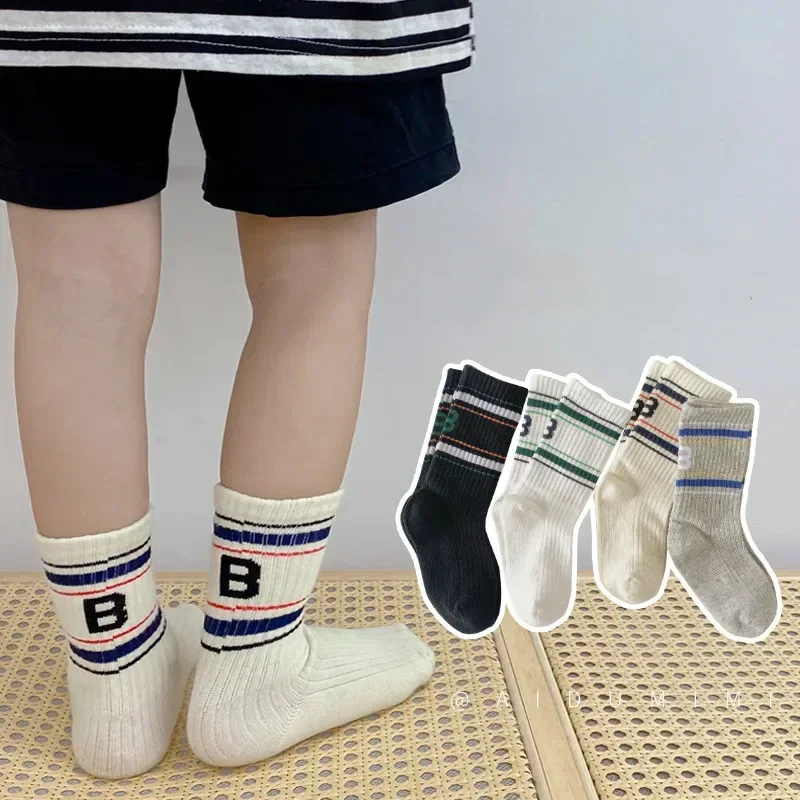 

New Kids Boy Sock School Fashion Simplicity Calf Sock for Children Boy Four Season Cotton Letter B Sports Socks