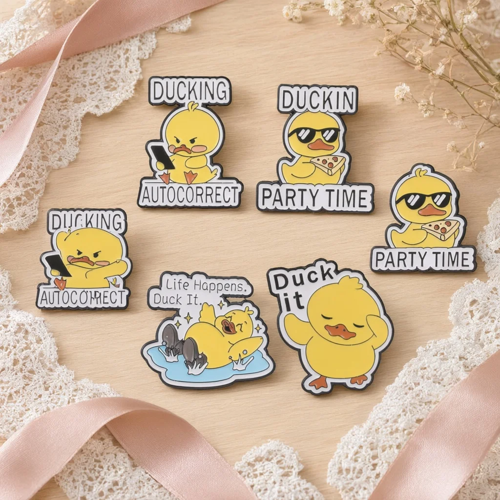 Kawaii Yellow Duck Enamel Brooch Duck It Party Time Funny Phrase Lapel Pin Badge Unique Gift for Friends
