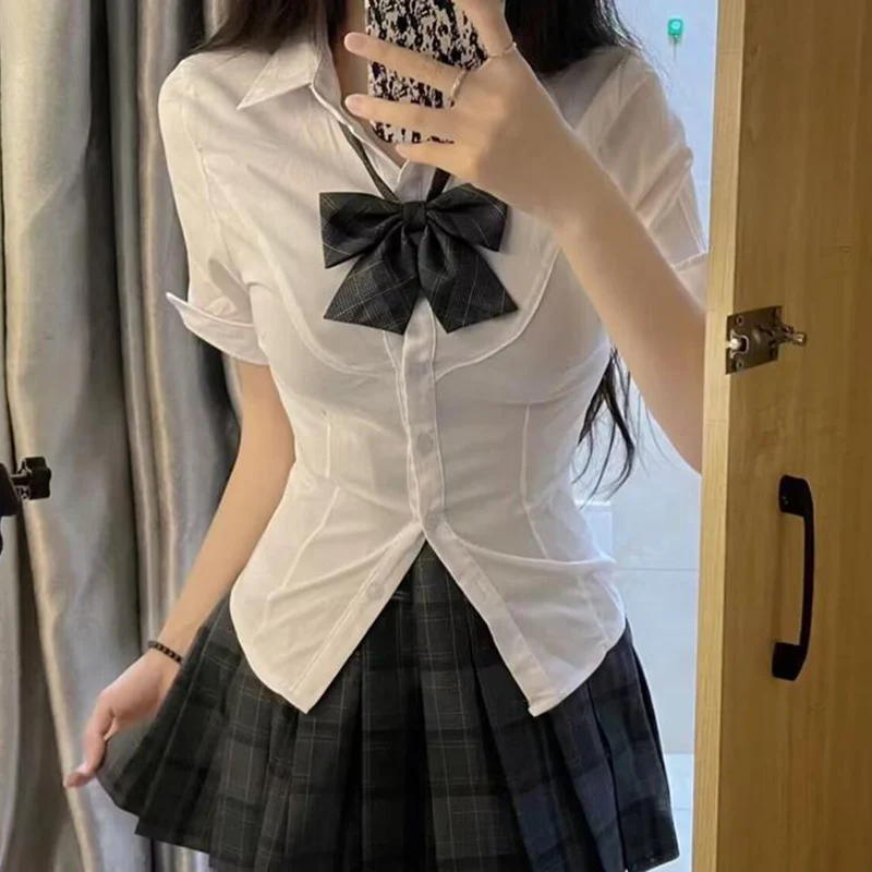 

Jk Tie Slim Fit Short Sleeve Shirt Women 2026 Summer Turn Down Collar Cropped Shirts Woman College Style Y2K Button Up Blouse