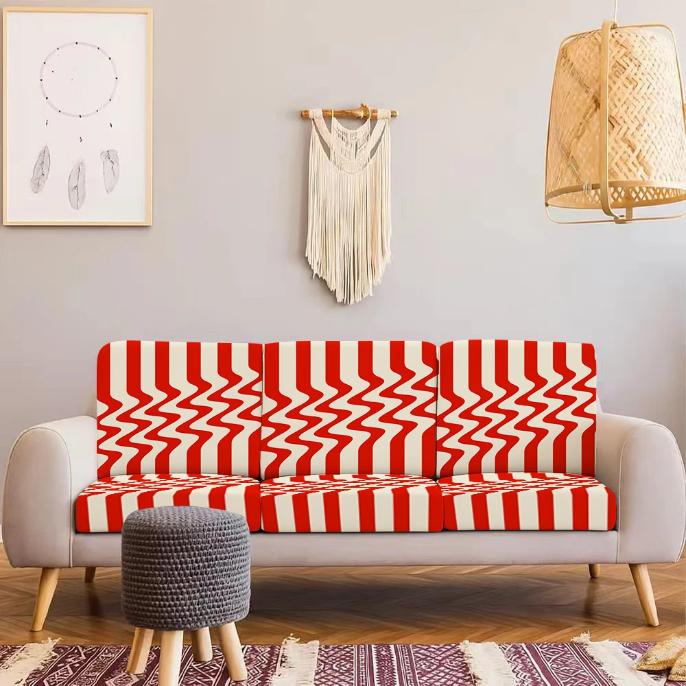 Summer Outdoor Sofa Cover with Red and White Chevron Pattern, Elastic Milk Silk Cushion Cover, Pet - Friendl