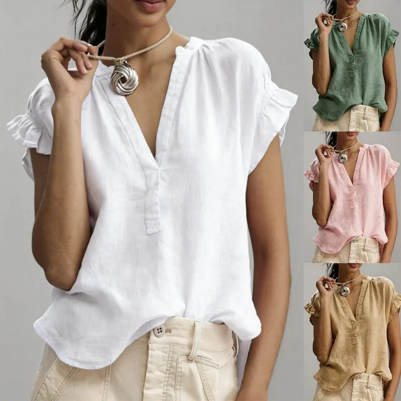 A new Bohemian-style casual V-neck short-sleeved solid-colored cotton and linen top for women in summer from Europe and America