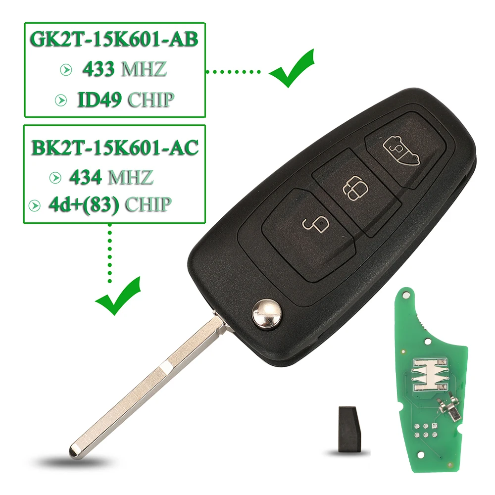 Jingyuqin ID49 GK2T-15K601-AB BK2T-15K601-AC 4D83 Chip 433Mhz Klappbarer Fernbedienungsschlüssel für Ford Tourneo Custom 2015- FOB 3 Tasten