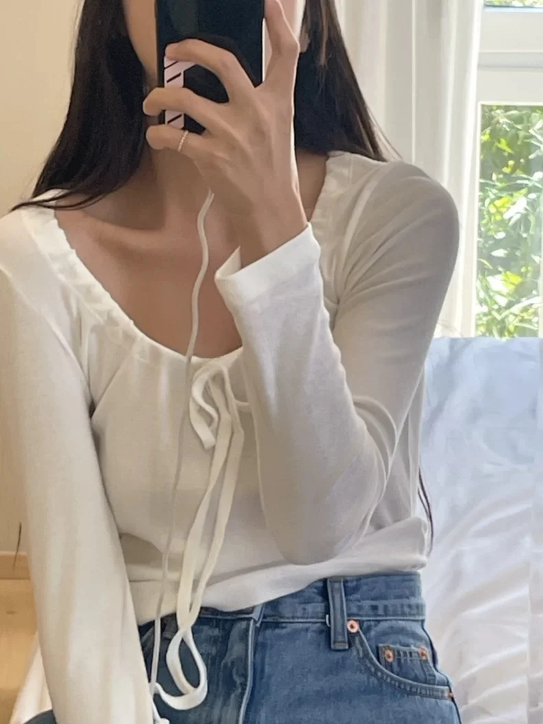 الكورية Sle المرأة سليم صالح ort تي شيرت مع ربطة القوس فيونكة ساحة طوق الرغبة النقية Sle الخريف Faion السيدات بلايز #3