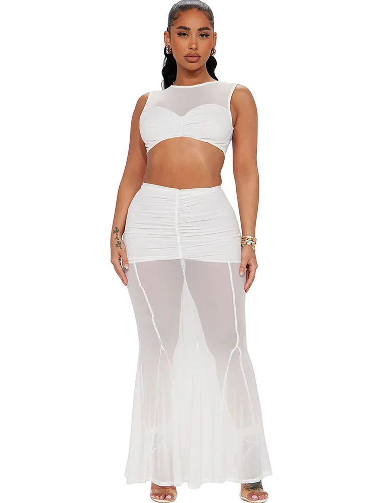 Sexy Two Piece Ruched Clubwear Sets Women For Party Short Tops And Long Skirts See Through Night Club Outfits Black White Sets