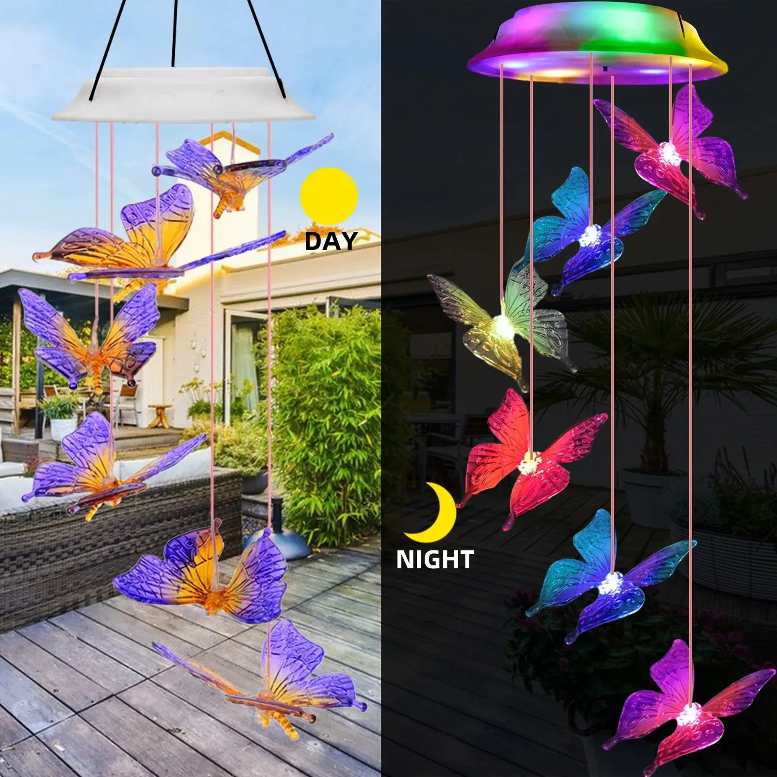 Outdoor Waterproof and Color Changing Solar Butterfly Wind Chimes, Christmas Garden Decorative Gifts