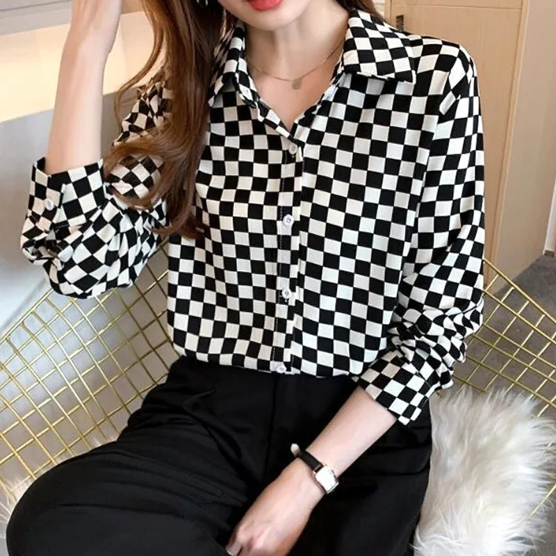 Thin Autumn Winter Loose Women Shirt Vintage Lattice Blouses Button Turn-down Collar Temperament Cardigan Women\'s Clothing 2022