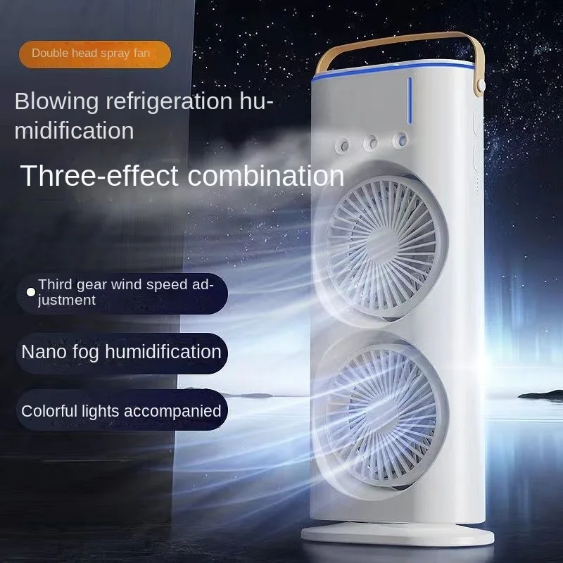 

Cross-Border Desktop Shaking Head Double Fan Three-Hole Ice Mist Small Fan Air Cooler Double-Head Charging Office Fan Wholesale