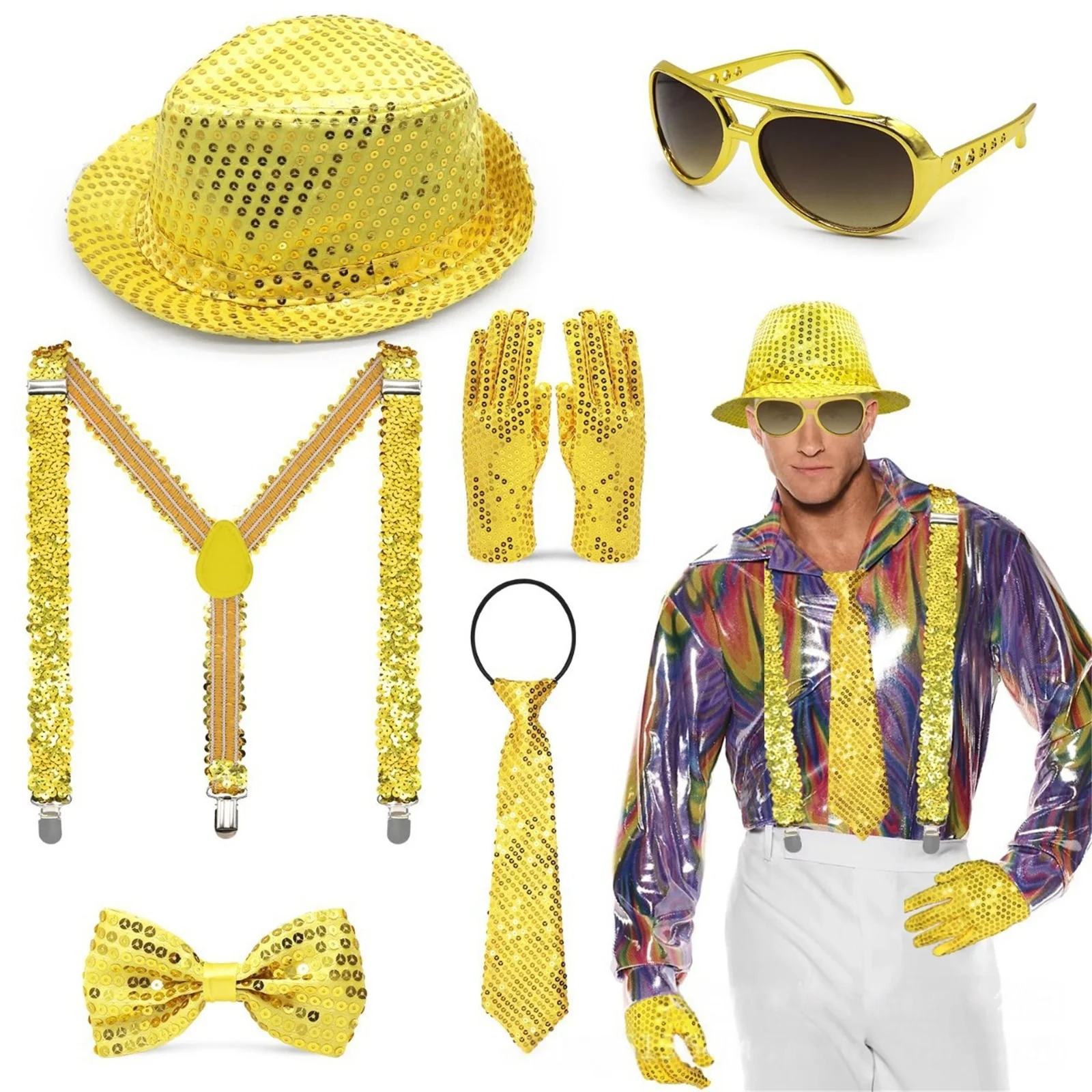 

Mens Gold Silver Sequin Mesh Glitter Sequin Dance Mittens Magic Hat Shoulder Strap Gloves Bow Tie for Party