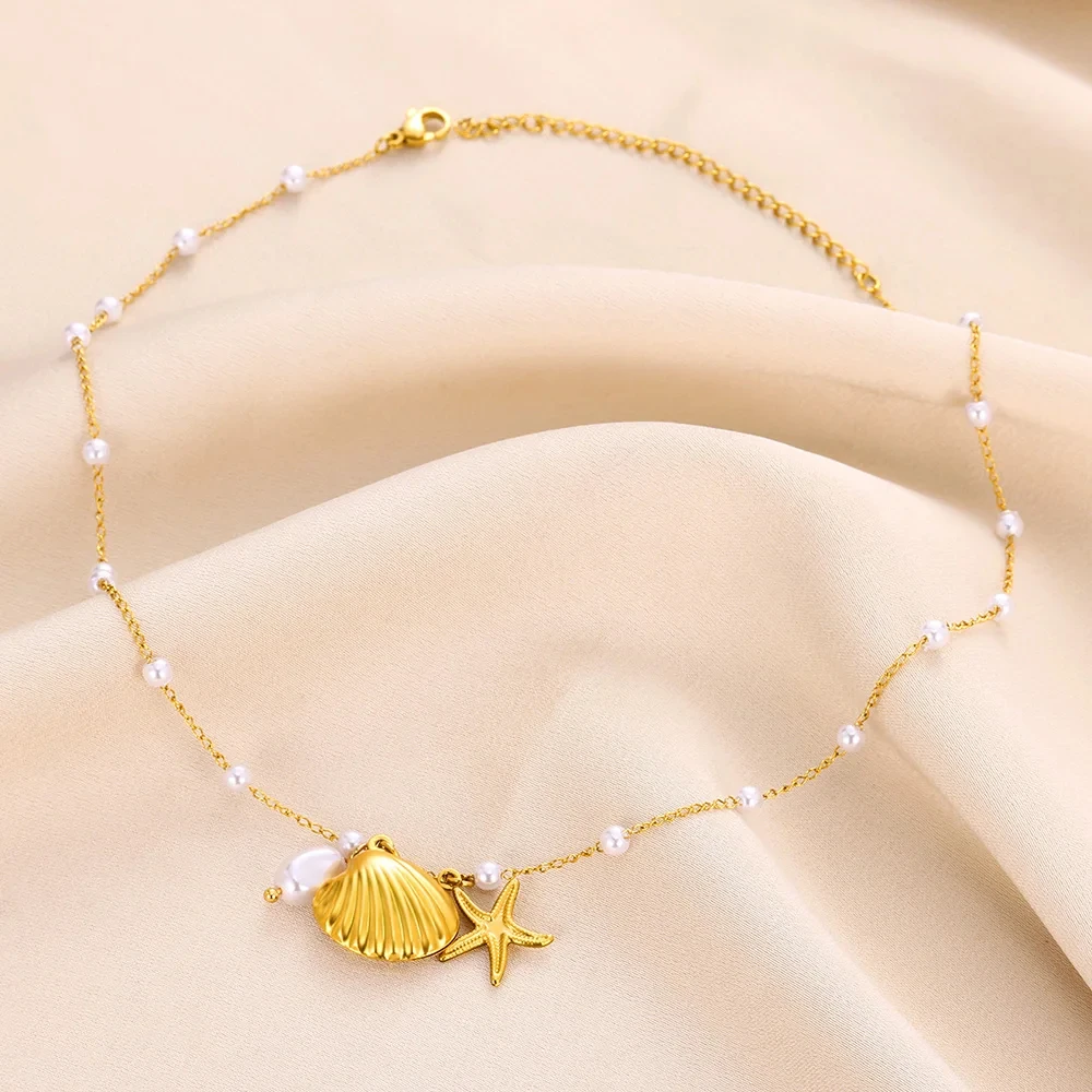 Vintage Starfish Shell Pearl Necklace For Women Gold Color Stainless Steel Pendant Shell Necklace Aesthetic  Summer Jewelry Gift
