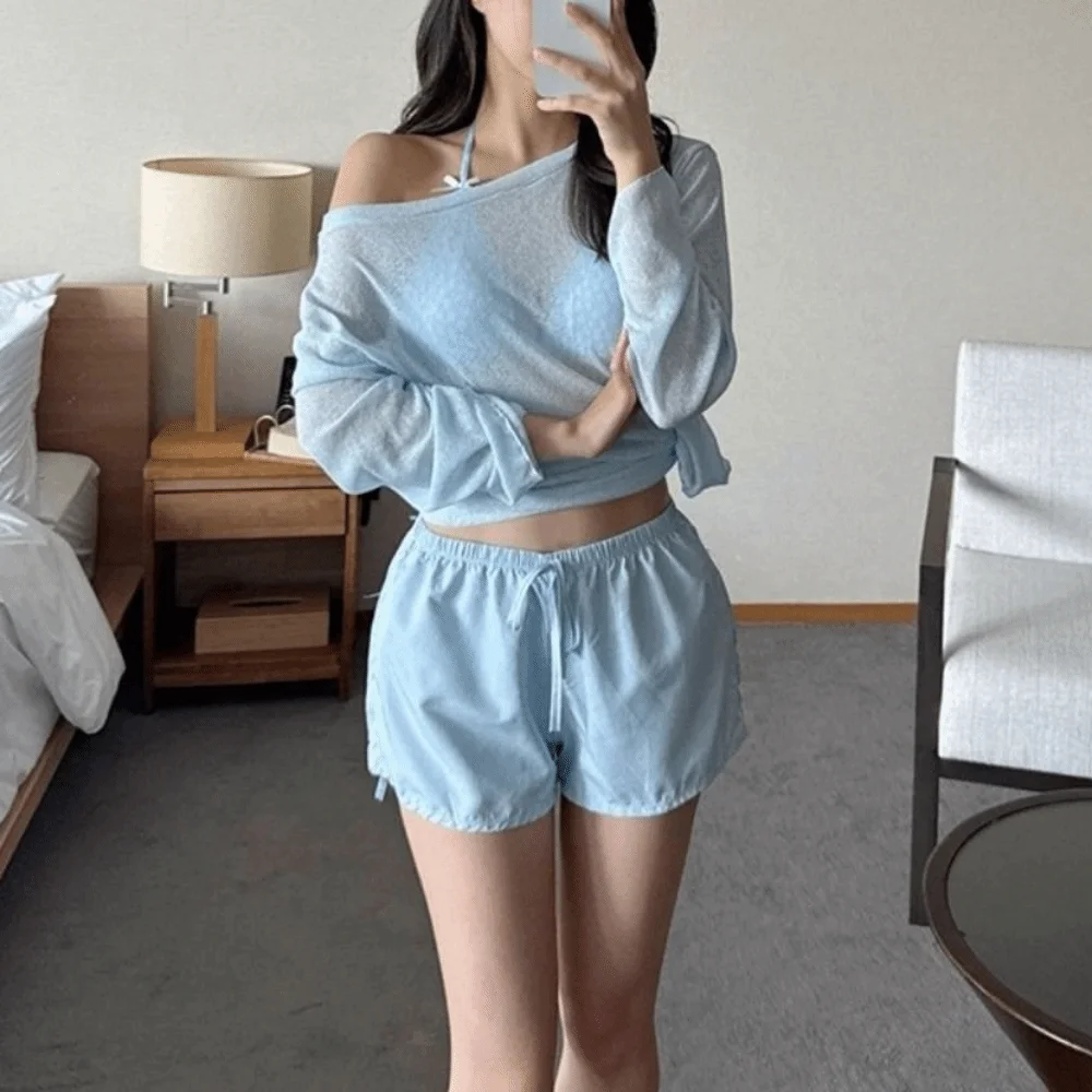 Lace-up Women's Swimwear Set Mesh Transparent Sun Protection Long Sleeve Swimsuit Beachwear Loose 4Pieces Bikini Swimsuit