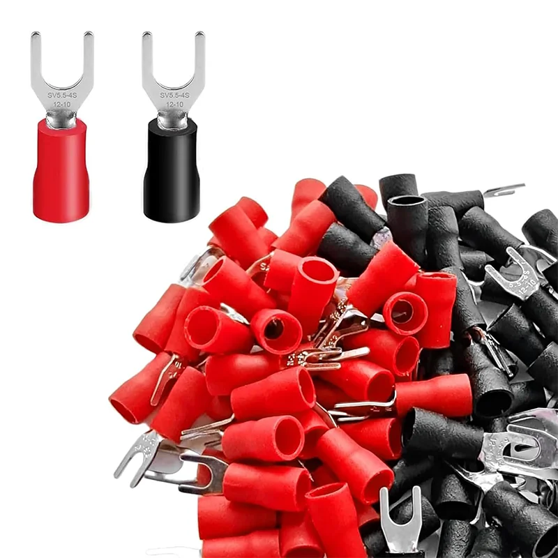 Insulated Fork Spade Wire Connector, 100Pcs AWG12-10 U Type Electrical Crimp Terminals (50 Pcs Red +50 Pcs Black)