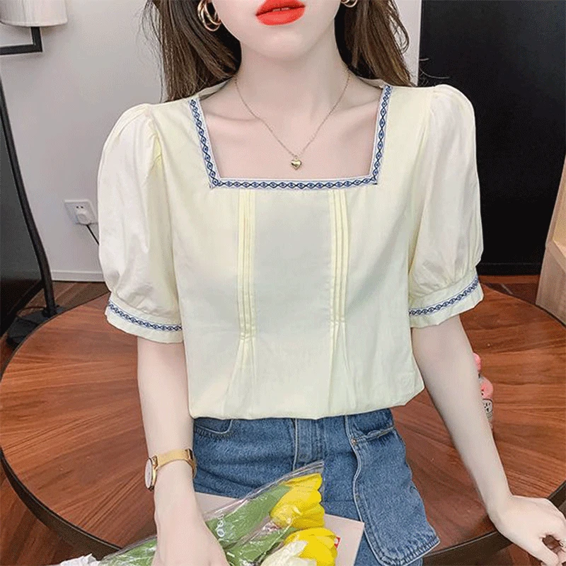 Camisa francesa holgada de manga corta para mujer, Tops elegantes informales con pliegues irregulares, empalme sólido, cuello cuadrado, novedad de verano 2024