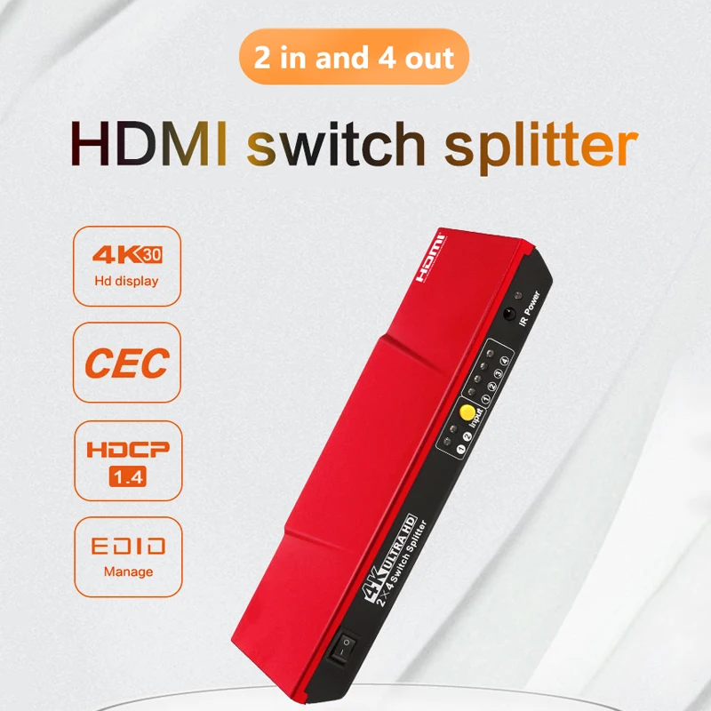 Hdmi splitter switch 2 in 4 out switcher kotak selektor dengan pengendali jarak jauh hdmi 4k 2x4 1 in 4 out cec passtmelalui adapter tv pc