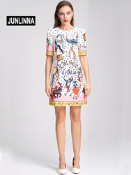 JUNLINNA Fashion Sicilian Women Dresses 2022 Summer New Beach Holiday Cartoon Printed and BeadingMini Vestidos