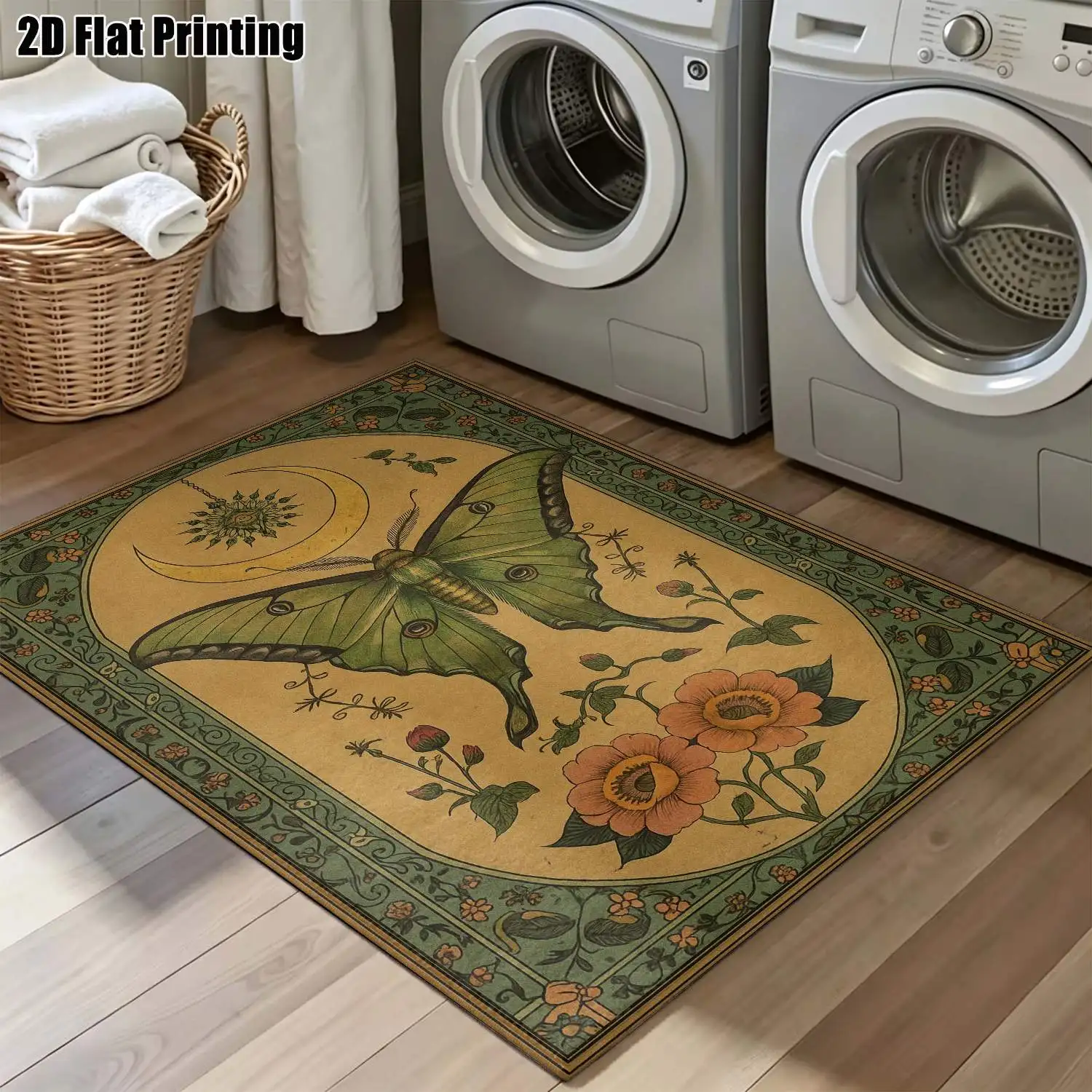 1Pc 2D Printed Carpet: Retro Green Butterfly & Flower Pattern, European/Bohemian/Geometric Style, Home Decor, Multi-Size, Machine Washable, Suitable for Entrance, Dining, Foyer, Bedroom, Living Room