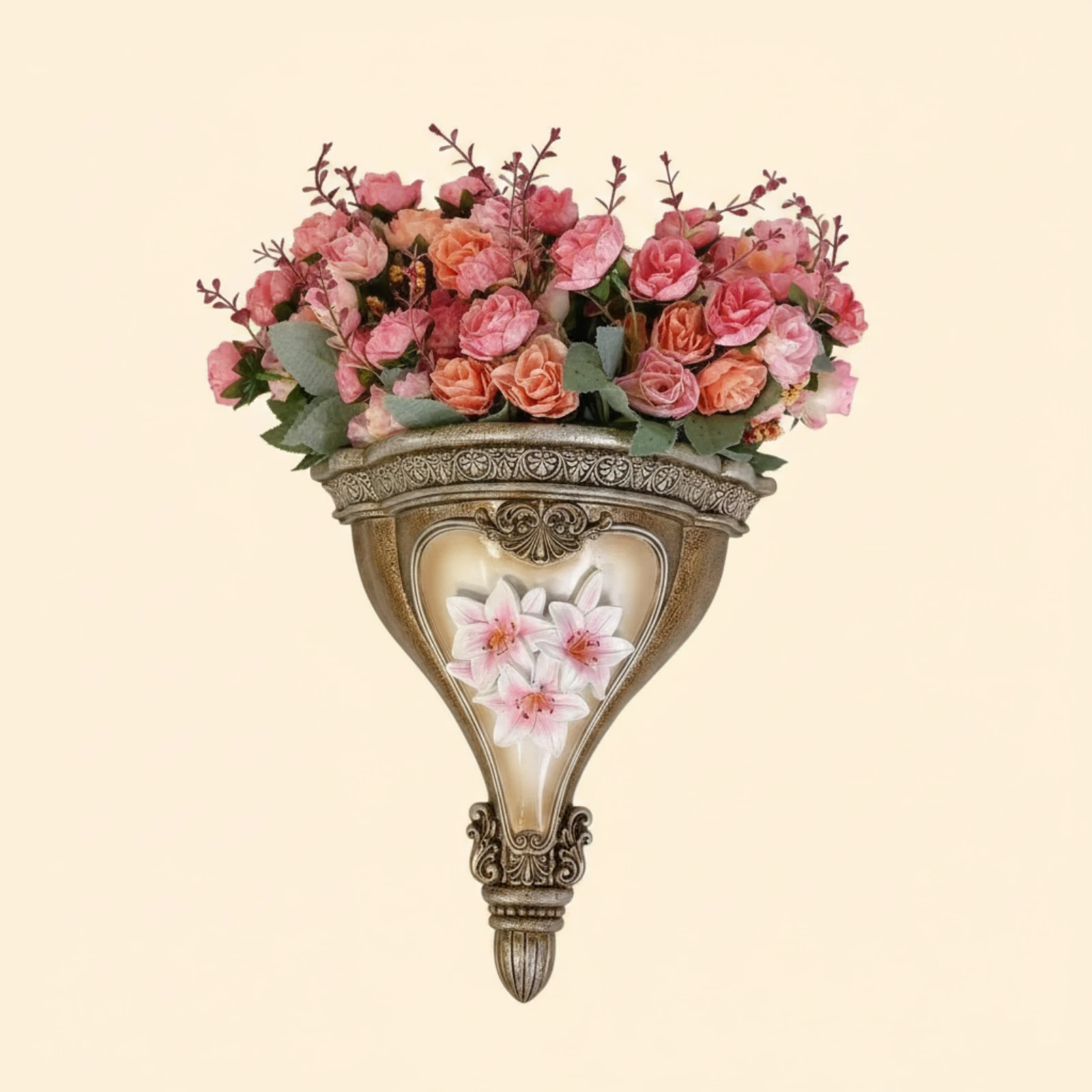 Wall Vase with Floral Relief Sculpted Wall Vase Decor Vintage-Style Decorative for Living Room, Entryway