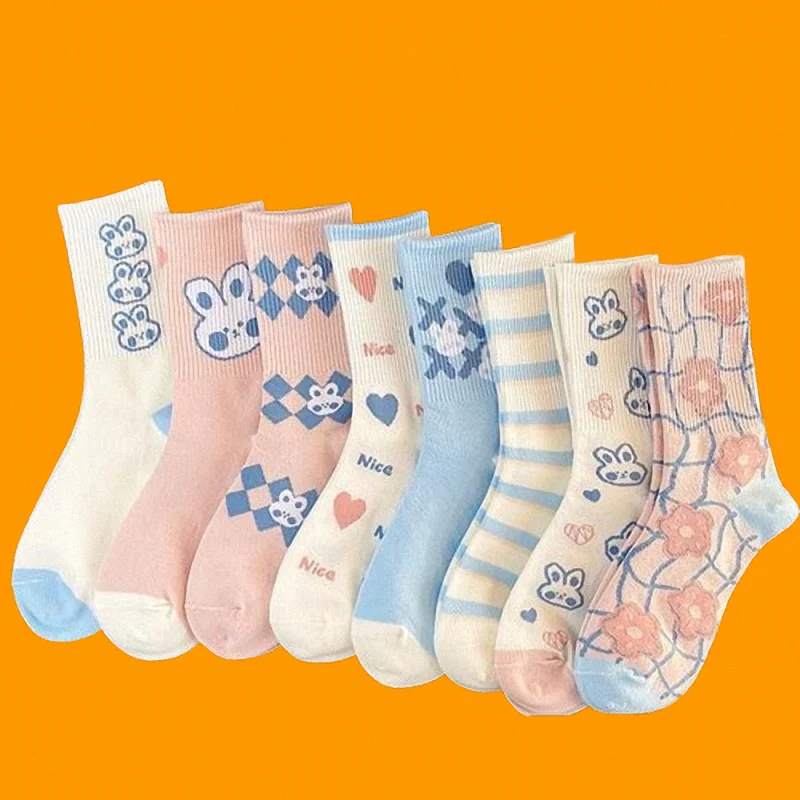 

8/16 Pairs Middle-tube Socks Student Socks Women's Versatile High-value Forest Cute Rabbit White Socks Sweet Women's Socks