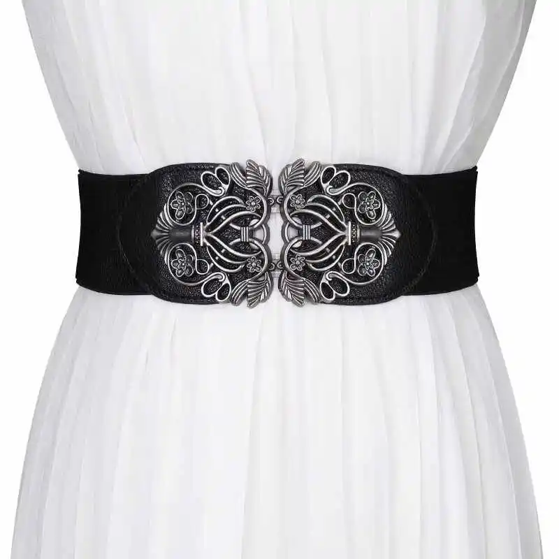 เข็มขัดแฟชั่นวินเทจสำหรับผู้หญิง ใส่กับชุดเดรส งานปาร์ตี้ งานแต่งงาน สวยงาม ยืดหยุ่นได้ รัดเอวได้ดี สีดำ สำหรับกระโปรงและเด็กผู้หญิง