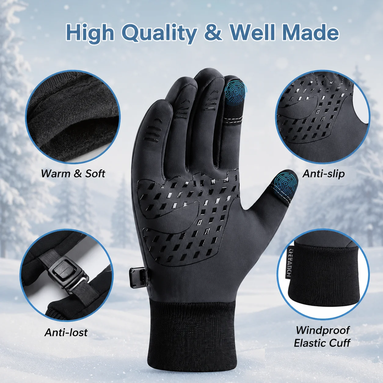 Schwarze Winterhandschuhe mit Touchscreen-Funktion, Warm, Rutschfest, Wasserdicht, Winddicht, Outdoor-Sporthandschuhe für Radfahren, Laufen, Wandern – Detail 8